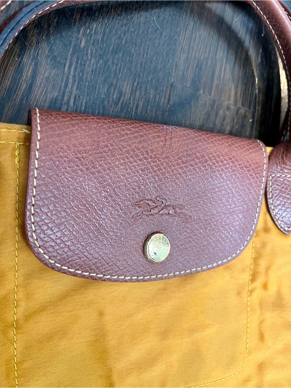 Longchamp Le Pliage Large Tote Mustard Yellow Brown Leather Foldable Bag - Picture 5 of 10